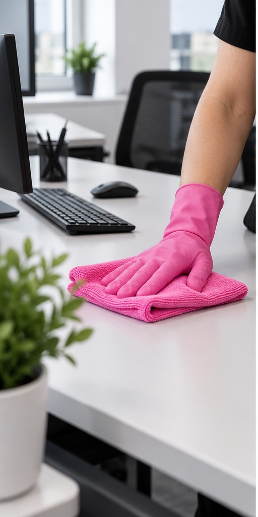 Illustrative janitorial image of gloved hands cleaning an office desk
