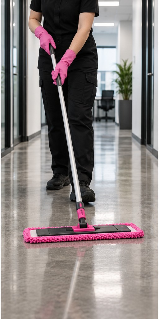 Illustrative janitorial image of a cleaner mopping an office floor